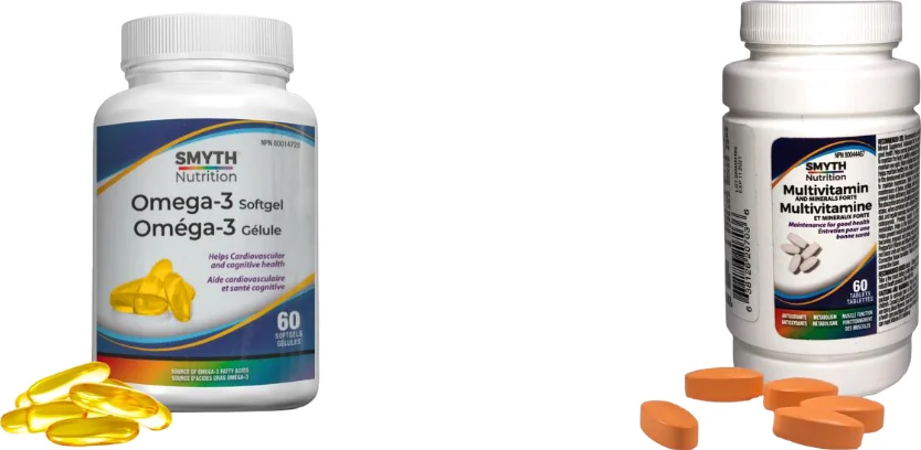 SMYTH Nutrition Omega-3 Softgel and Multivitamin and Minerals Forte bottles