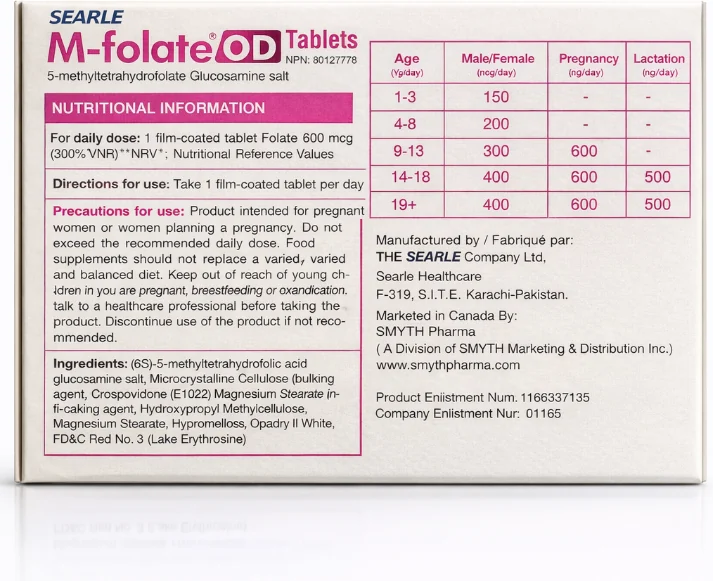 Searle M-folate OD Tablets carton showing nutritional information