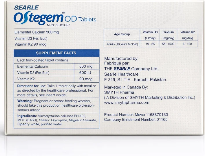 Searle Ostegem OD Tablets carton showing supplement facts
